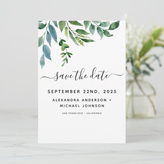 Save The Date Mariage Aquarelle de Feuillage de Verdure Botaniqu (Debout devant)