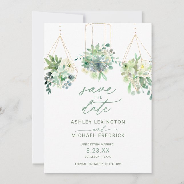 Save The Date Mariage Aquarelle de Succulentes Feuillages Bleu P (Devant)