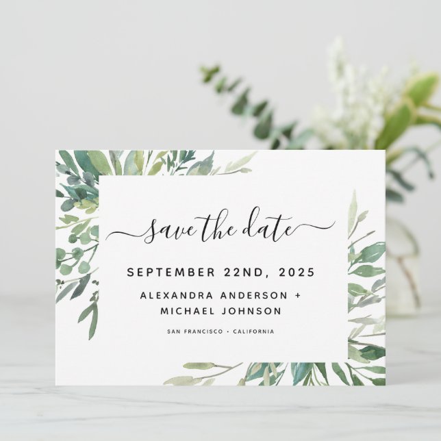 Save The Date Mariage aquarelle de verdure botanique à conserver (Debout devant)