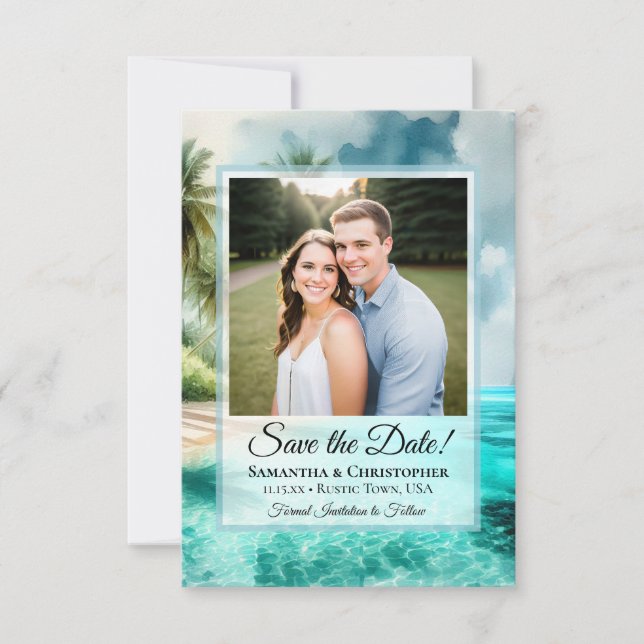 Save The Date Mariage aquarelle et photo de plage tropicale (Devant)