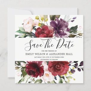 Save The Date Mariage aquarelle florale rouge Bourgogne