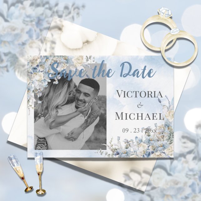 Save The Date Mariage aquarelle photo florale bleu poussiéreux  (Créateur téléchargé)