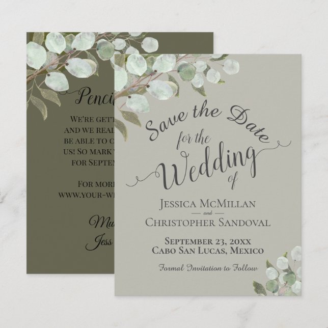 Save The Date Mariage Aquarelle Rustique Feuilles d'Eucalyptus S (Devant / Derrière)