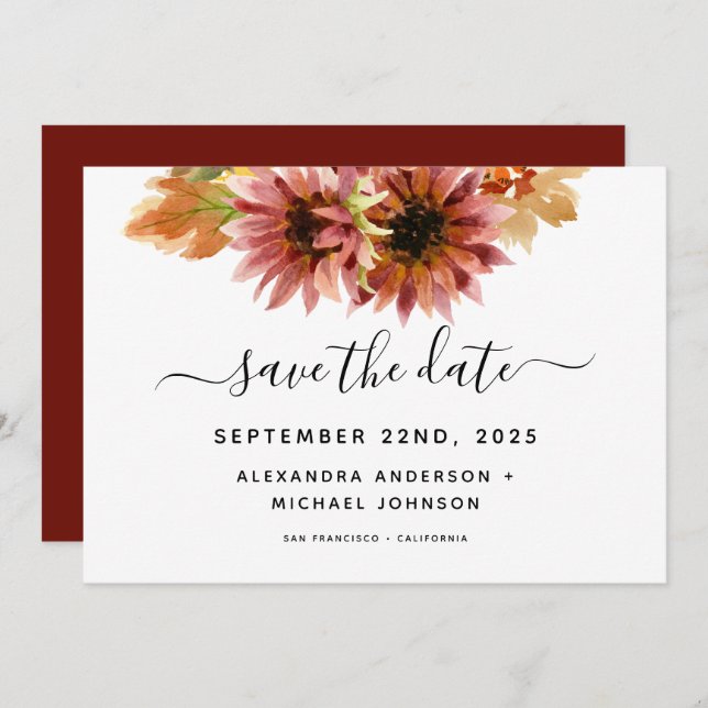 Save The Date Mariage aquarelle Tournesol Bourgogne (Devant / Derrière)