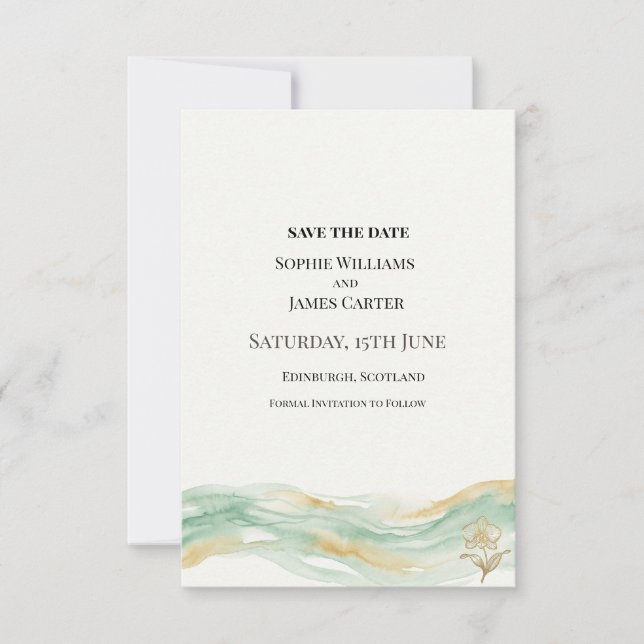 Save The Date Mariage Aquarelle Vert D'eau Et Or (Devant)