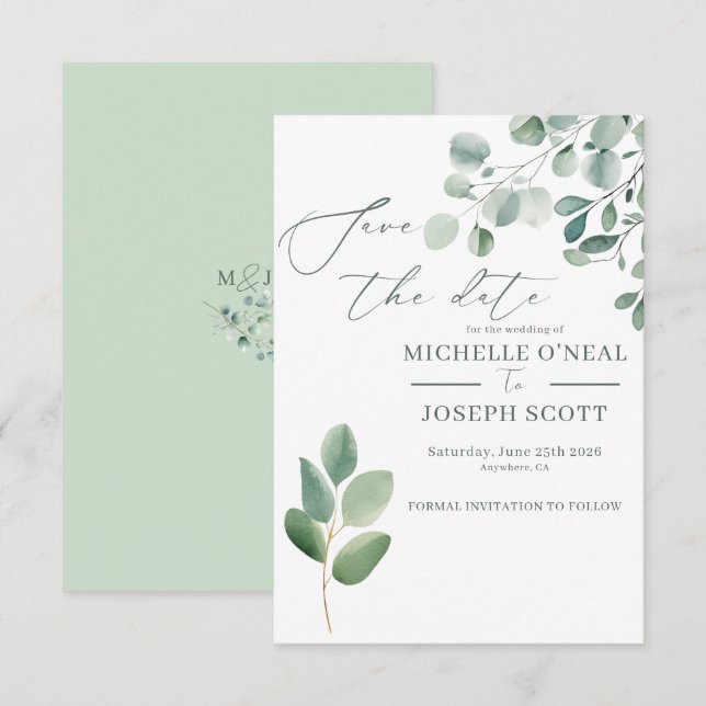 Save The Date Mariage aquarelle vert sauge eucalyptus (Devant / Derrière)
