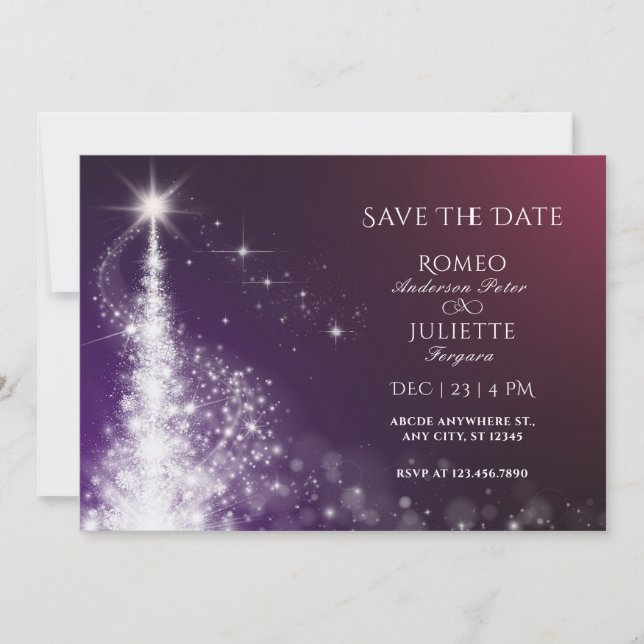 Save The Date Mariage arbre de Noël élégant scintillant pourpre (Devant)