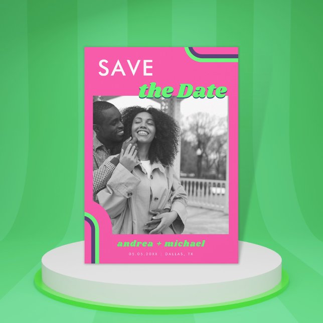 Save The Date Mariage Arc-en-ciel Rétro Rose et Vert (Créateur téléchargé)