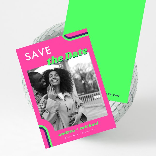 Save The Date Mariage arc-en-ciel rose et vert rétro (Créateur téléchargé)