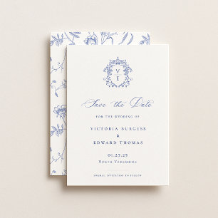 Save The Date Mariage Armoiries Monogramme Bleu Régence