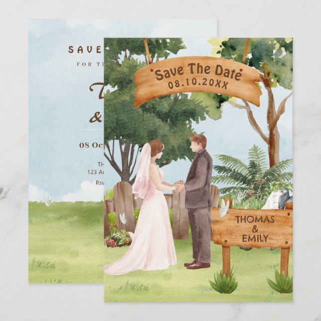 Save The Date Mariage art à l'aquarelle  (Devant / Derrière)