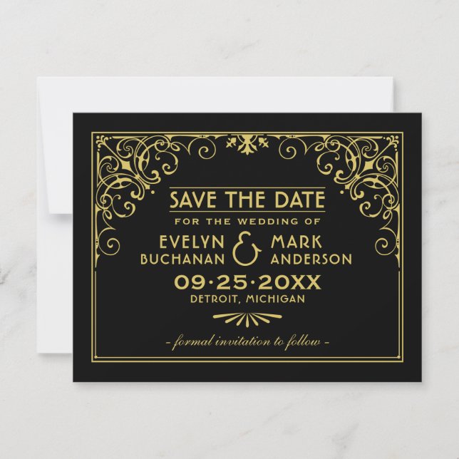 Save The Date Mariage Art Déco à Motifs Dorés (Devant)