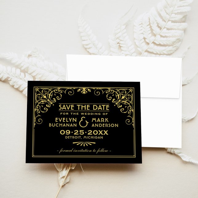 Save The Date Mariage Art Déco à Motifs Dorés et Noirs (Créateur téléchargé)