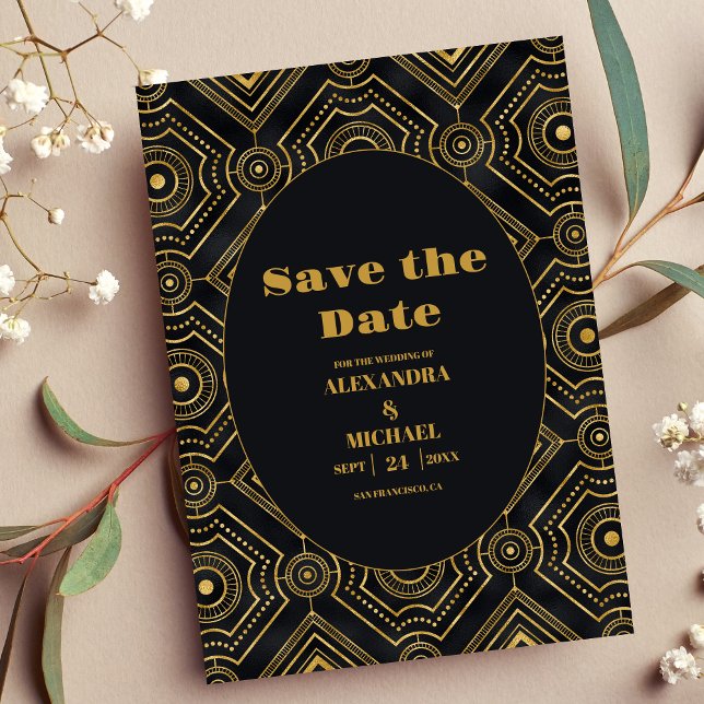 Save The Date Mariage Art déco Diamond Noir et Or (Créateur téléchargé)