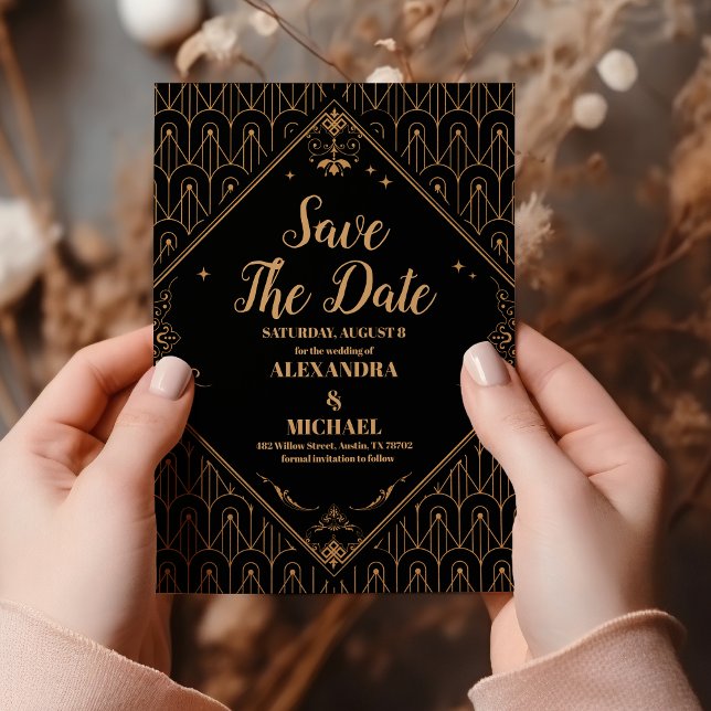Save The Date Mariage Art Déco Géométrique Elégant Or Noir (Créateur téléchargé)