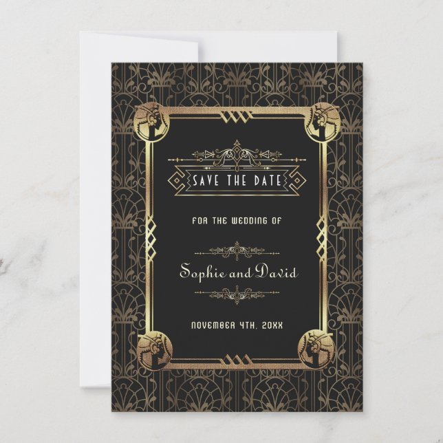 Save The Date Mariage Art Déco Great Gatsby Or Noir Doré Unique (Devant)