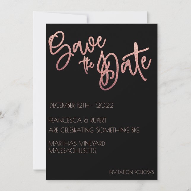 Save The Date Mariage Art Déco Rose Noir et Paillettes d'Or (Devant)