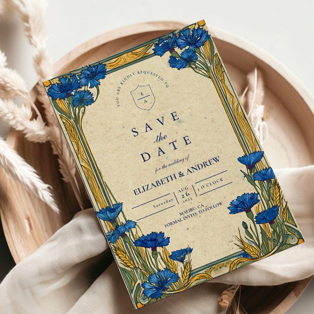 Save The Date Mariage Art Nouveau Bleu Centaurée (Créateur téléchargé)
