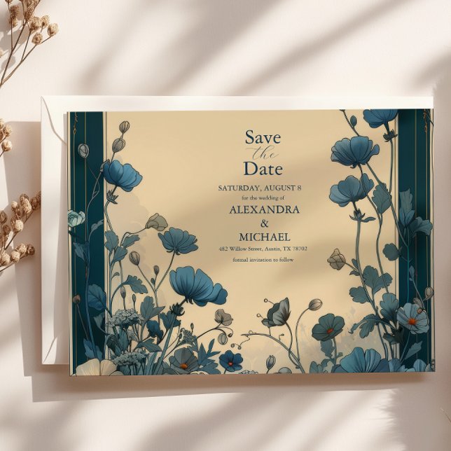 Save The Date Mariage Art Nouveau Bleu Nuit (Créateur téléchargé)