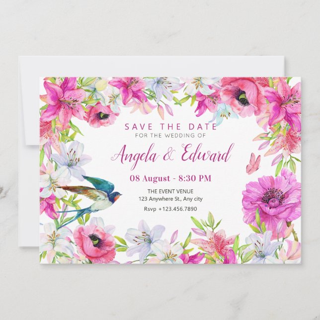 Save The Date Mariage artistique à floraison florale rose (Devant)
