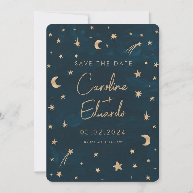 Save The Date Mariage Astronomie Lune Étoiles Or Mystique Navy  (Devant)
