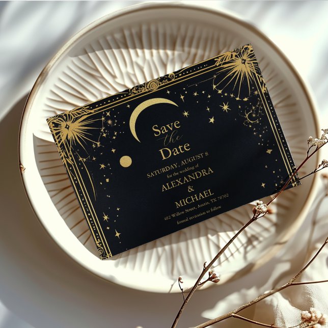 Save The Date Mariage Astronomie Soleil Lune Or Noir Céleste (Créateur téléchargé)