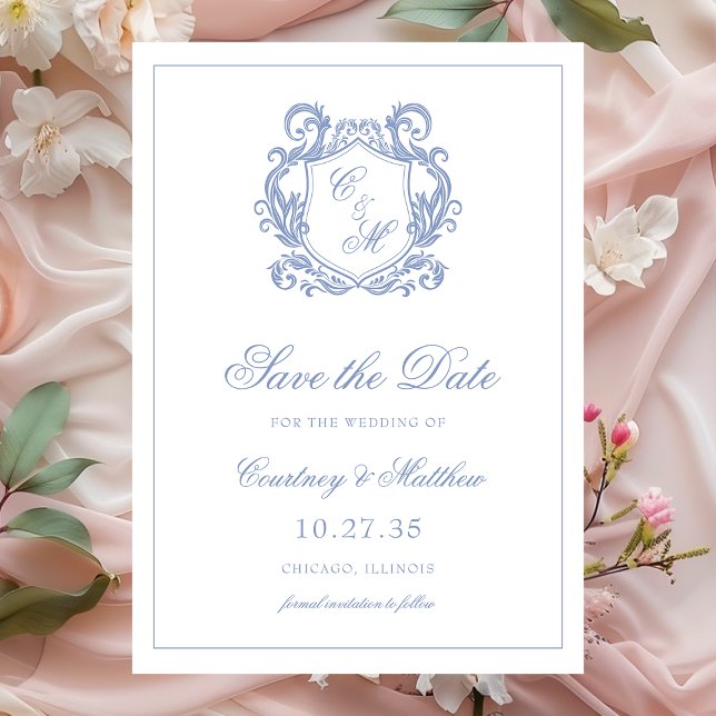 Save The Date Mariage au Blason de Monogramme Bleu Poussiéreux É (Créateur téléchargé)