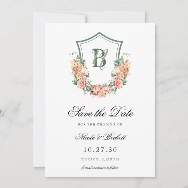 Save The Date Mariage au blason floral de pêche (Devant)