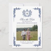 Mariage au Blason Vintage Bleu Monogramme