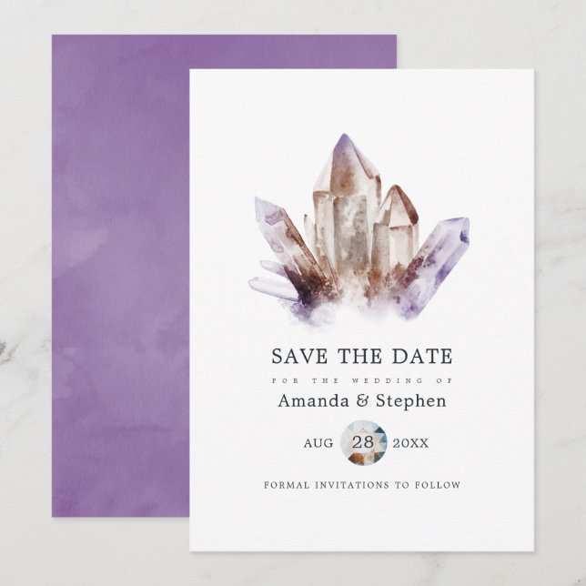 Save The Date Mariage au cristal d'améthyste (Devant / Derrière)