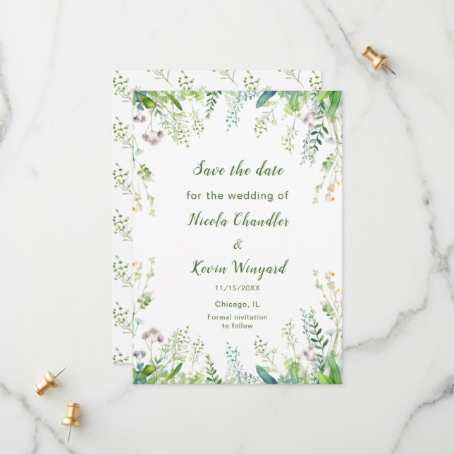 Save The Date Mariage au feuillage de feuilles d'eucalyptus  (Devant/Arrière en situation)