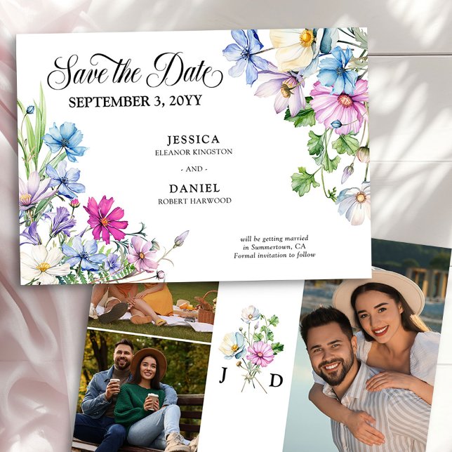 Save The Date Mariage au Jardin de Fleurs Sauvages 3 Photo Monog (Save the Date Invitation from the Wildflower Garden Wedding Collection by Darling & May)