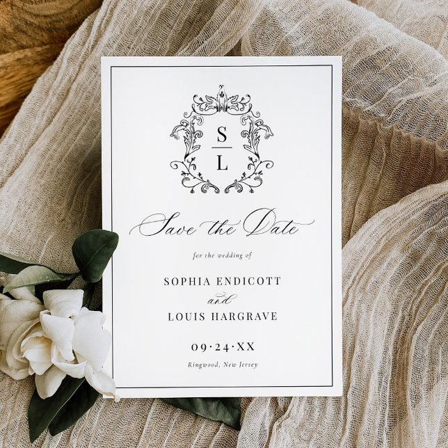 Save The Date Mariage au monogramme de blason baroque élégant (Créateur téléchargé)