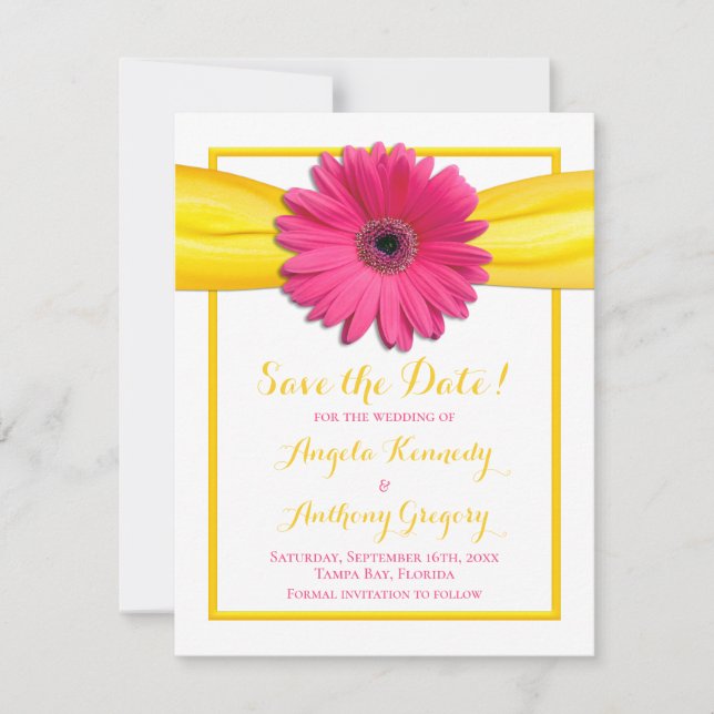 Save The Date Mariage au ruban jaune et gerbera rose (Devant)