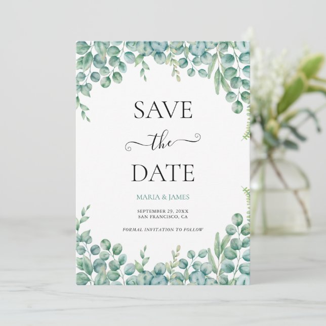 Save The Date Mariage aux feuilles d'eucalyptus (Debout devant)