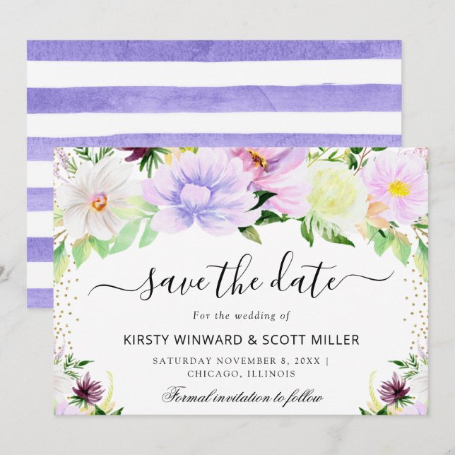 Save The Date Mariage aux fleurs d'été violettes et crème (Devant / Derrière)