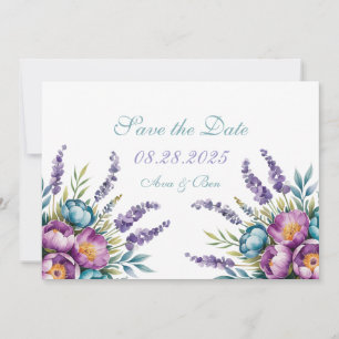 Save The Date Mariage aux fleurs sauvages turquoise et violettes
