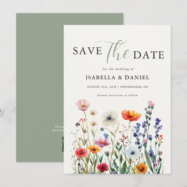 Save The Date Mariage aux Fleurs Sauvages Vert Sage (Devant / Derrière)