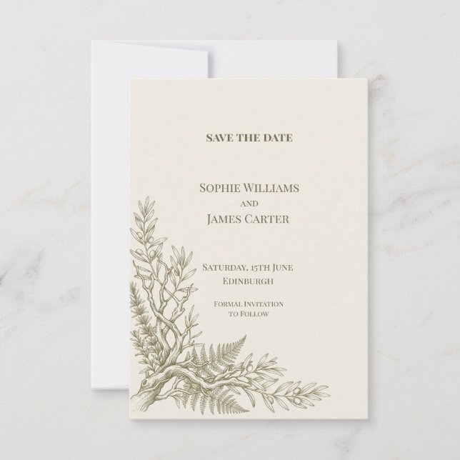 Save The Date Mariage aux fougères vert olive (Devant)