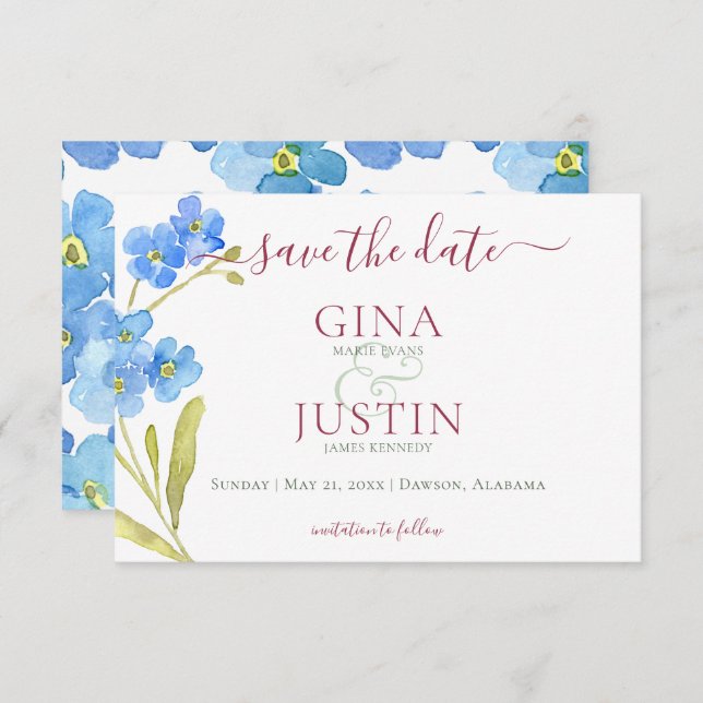 Save The Date Mariage aux Œillets & Myosotis (Devant / Derrière)