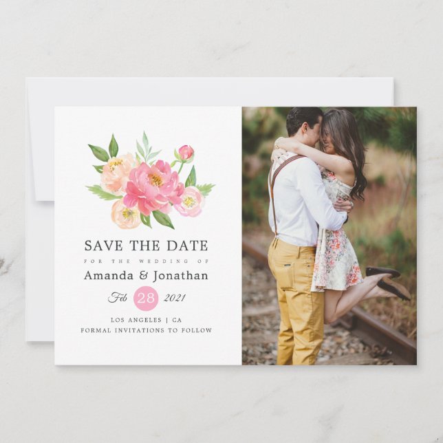 Save The Date Mariage aux pivoines aquarelles de printemps Photo (Devant)