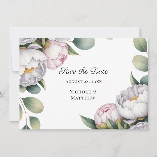 Save The Date Mariage aux Pivoines Blanches Aquarelle (Devant)