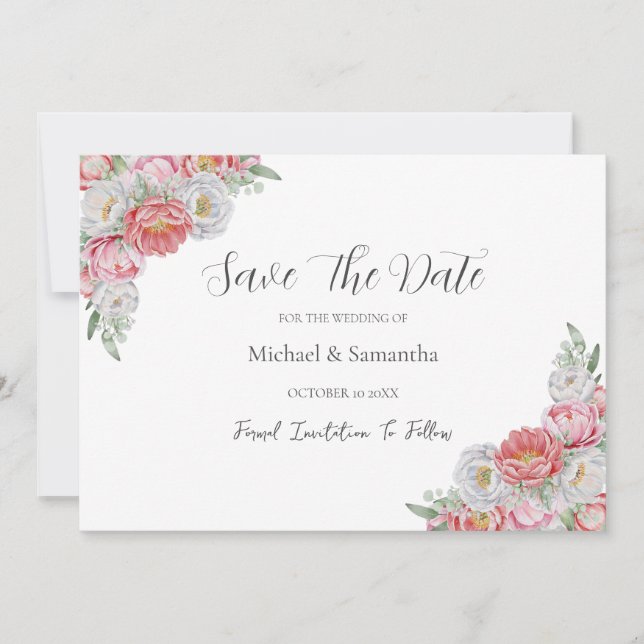 Save The Date Mariage aux Pivoines Roses et Blanches (Devant)