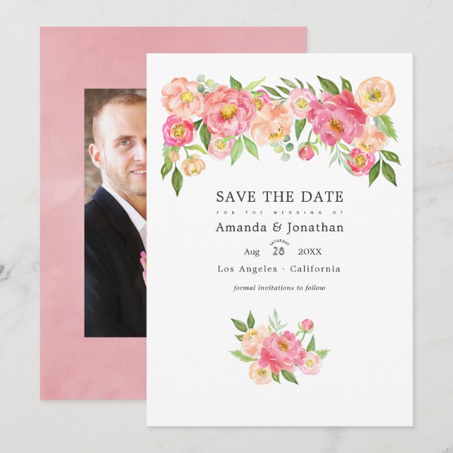 Save The Date Mariage aux pivois aquarelles rose pastel (Devant / Derrière)