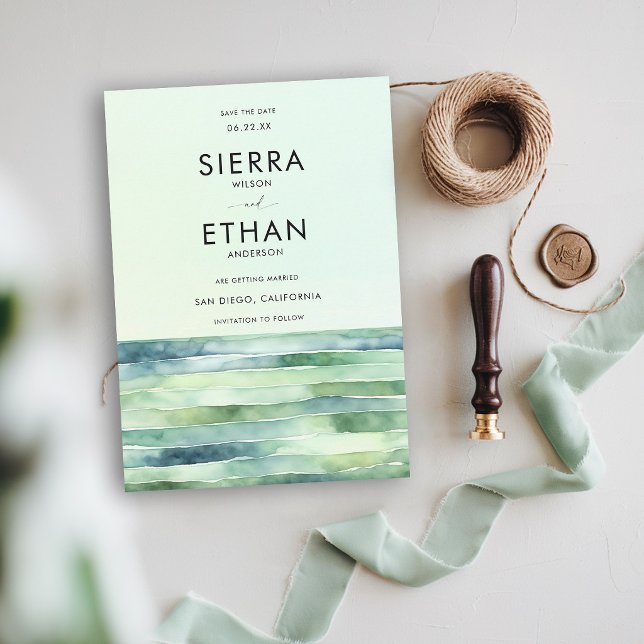 Save The Date Mariage aux rayures vertes de mer de la piscine de (coastal wedding invitation save the date card green theme tide pool sea sage modern elegant)