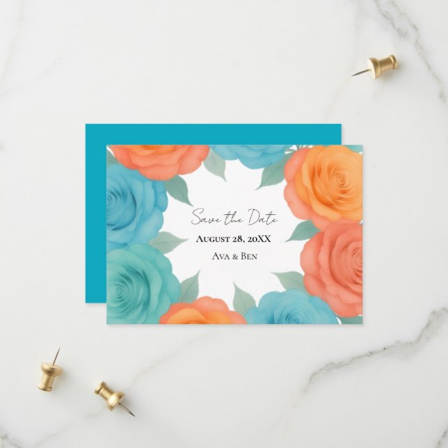 Save The Date Mariage aux Roses Orange et Sarcelle Aquarelle (Devant/Arrière en situation)