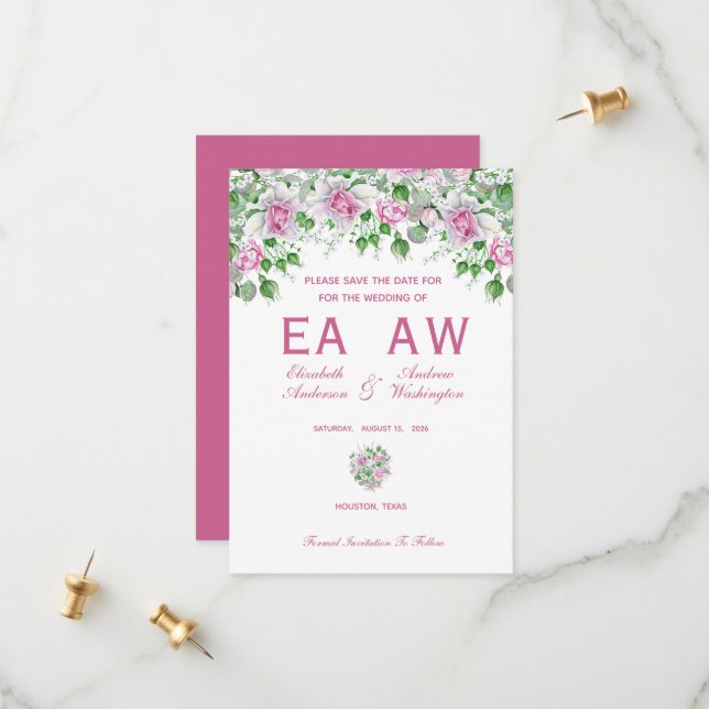 Save The Date Mariage aux Roses Romantiques Roses Pink (Devant/Arrière en situation)