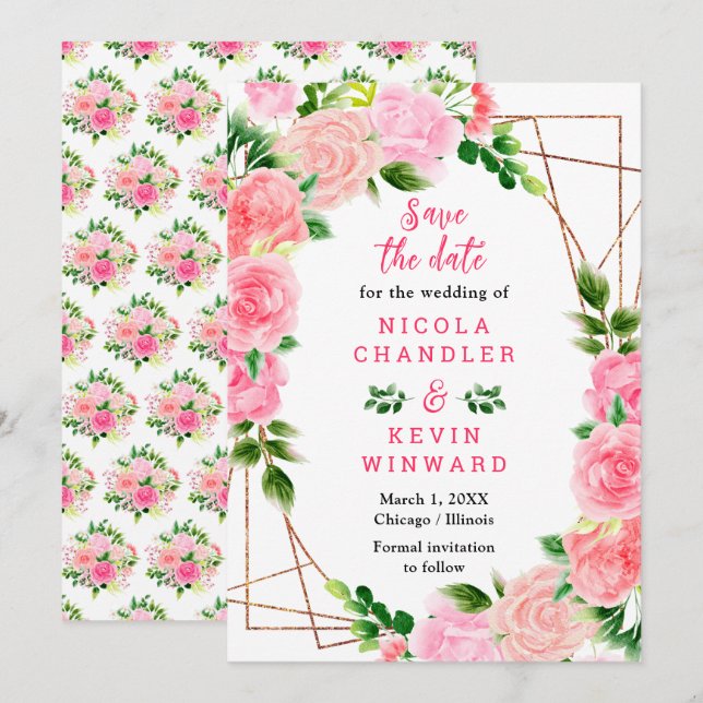 Save The Date Mariage aux Roses Roses avec Feuillage (Devant / Derrière)