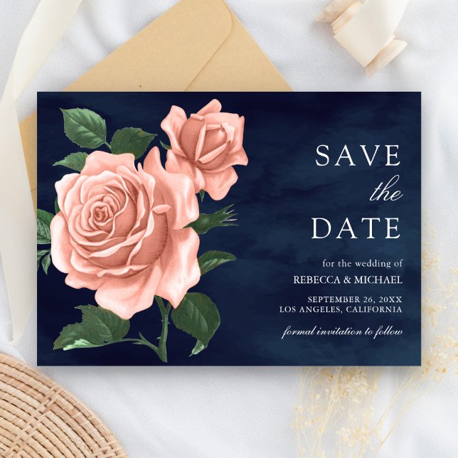 Save The Date Mariage aux Roses Rustiques Bleu Nuit et Pêche Éte (Créateur téléchargé)