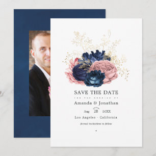 Save The Date Mariage aux roses vintage bleue marine et rose